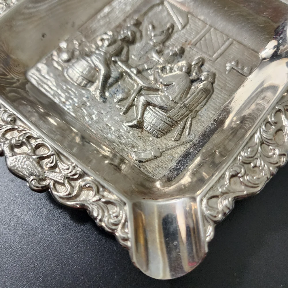 Antique Silver Plated Ashtray Ornate Detailed Men Tavern Table Vintage